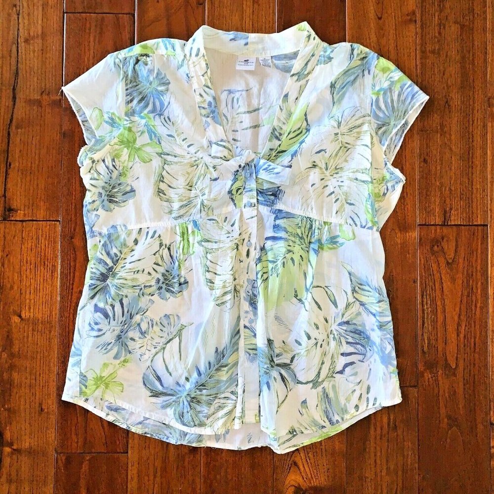 CARRIBEAN JOE Top women's size XL Tropical Print V-Neck Button Front Cap Sleeve